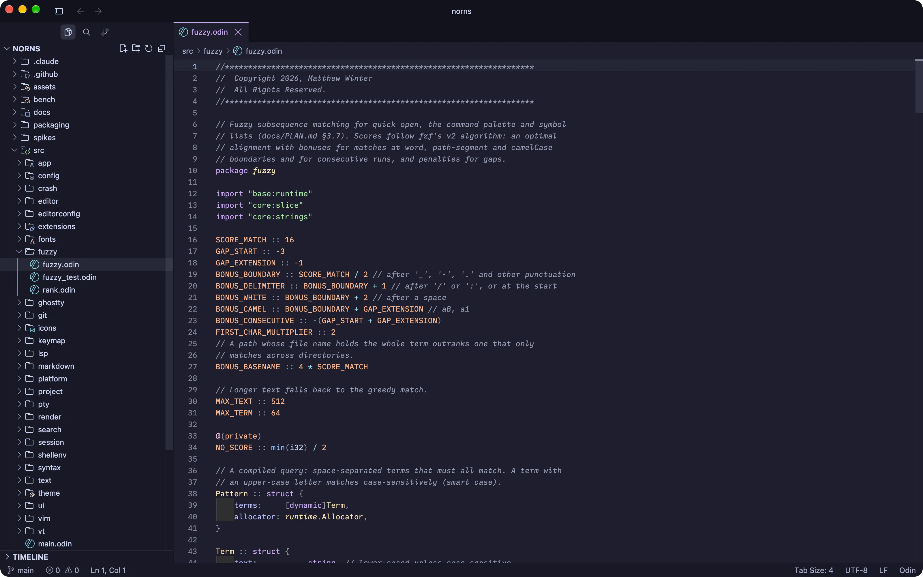 Odin source code highlighted with tree-sitter in the norns editor