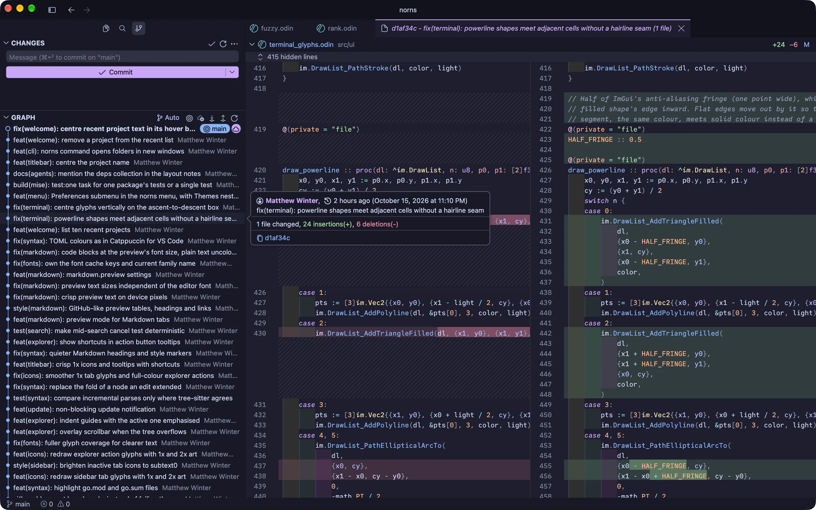 The norns source control graph next to a side-by-side diff of a commit