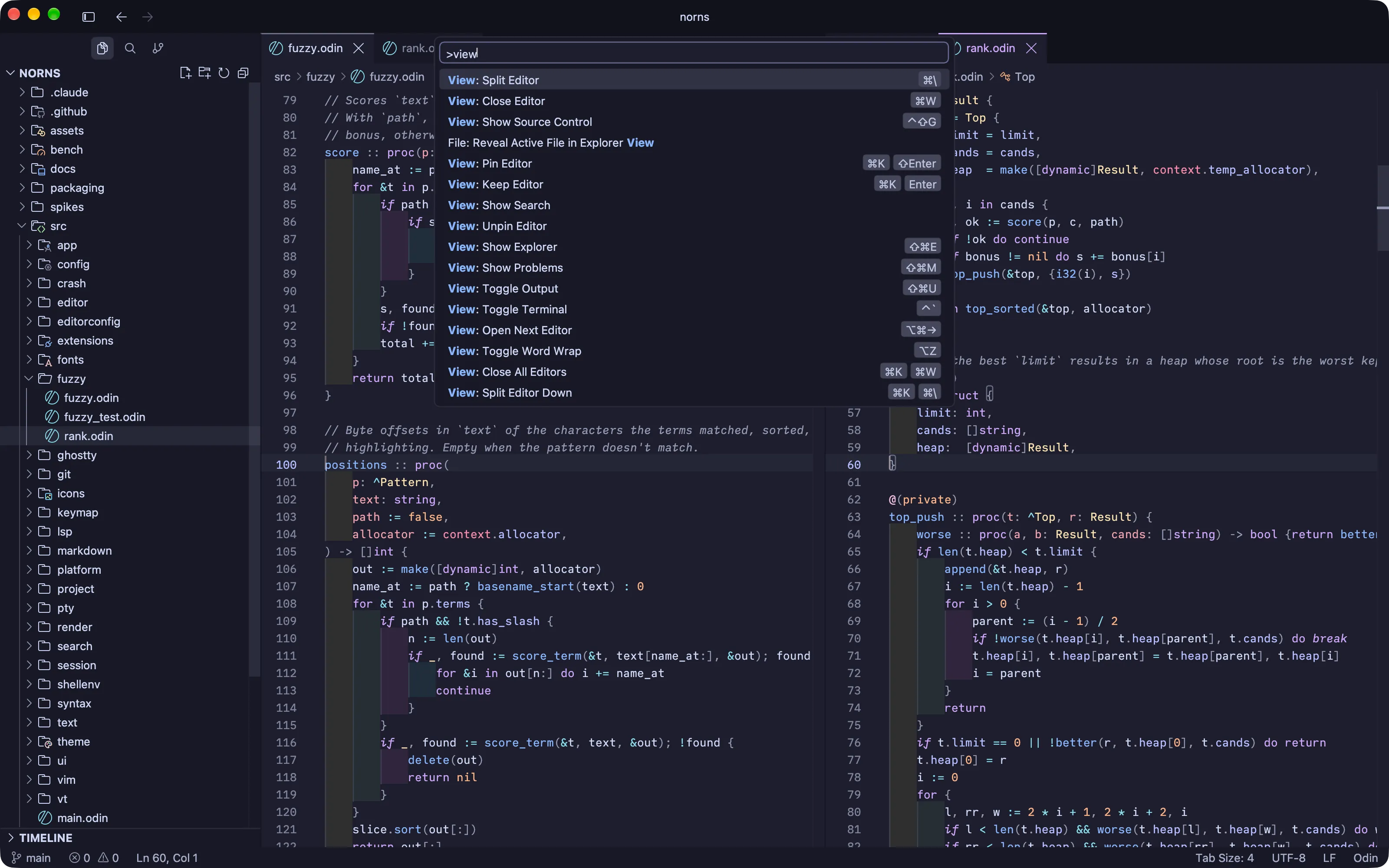 The norns command palette listing View commands with their shortcuts
