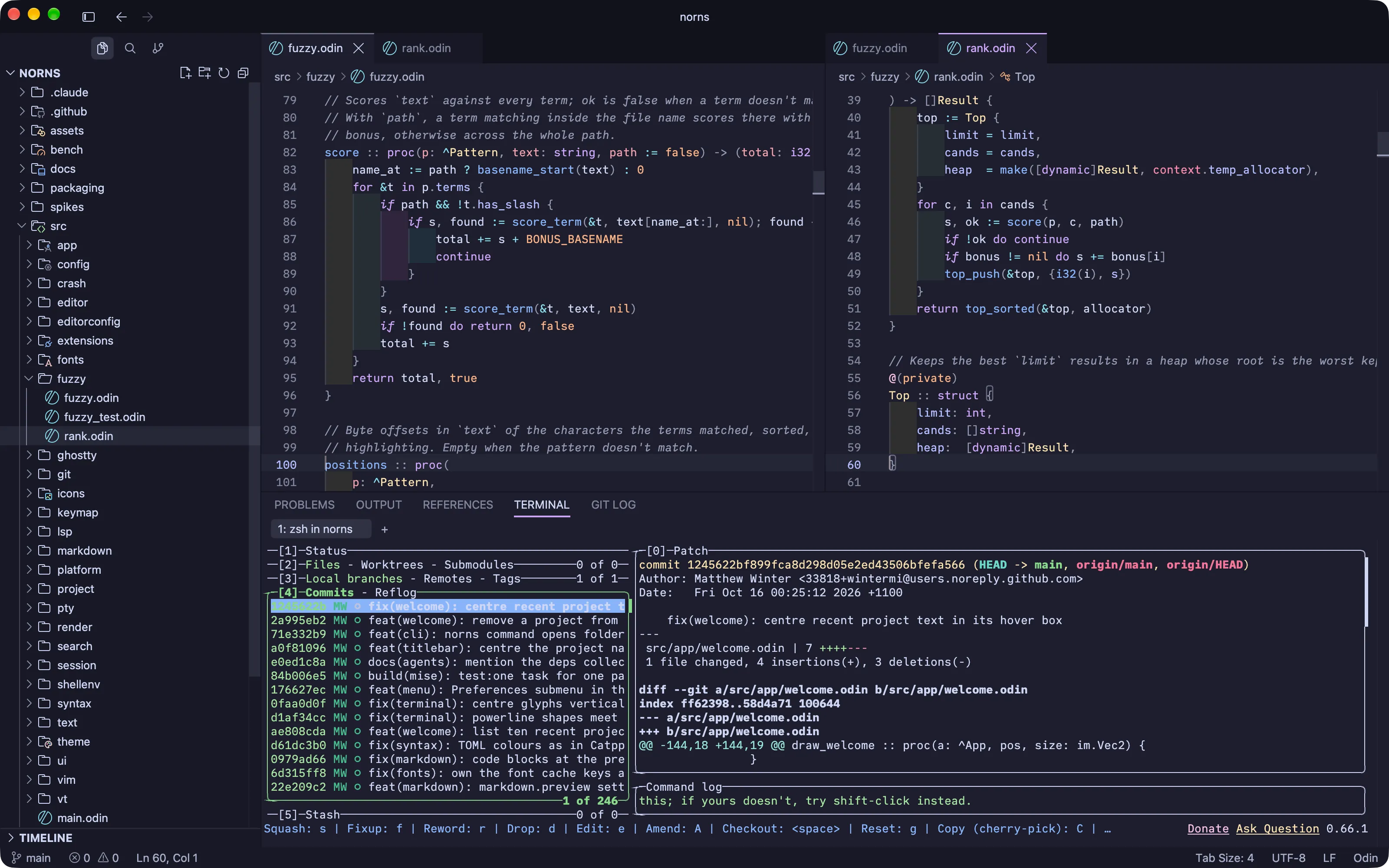 norns with a split editor showing Odin source and an integrated terminal running lazygit